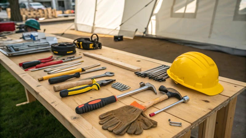 Display of event setup tools on a wooden workbench