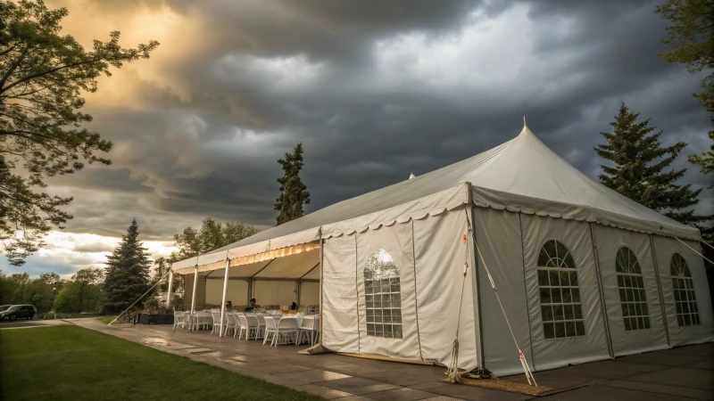 A large event tent with chairs and tables underneath a cloudy sky