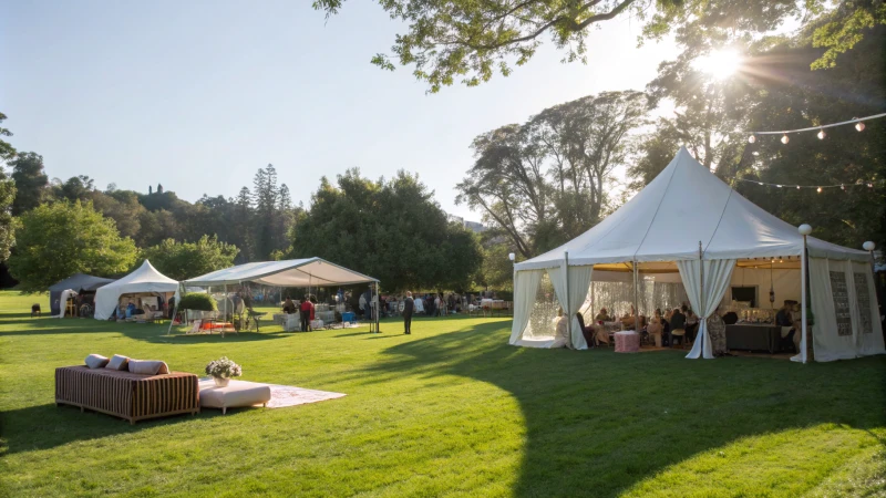 A variety of event tents in a sunny park setting with guests mingling