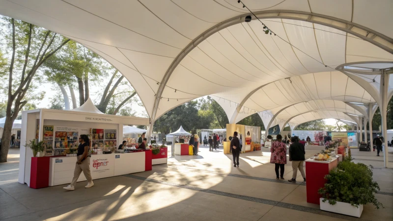 A modern exhibition tent with product displays and attendees
