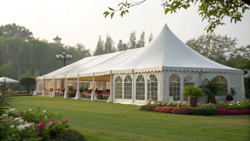 A large outdoor event marquee tent in a vibrant garden.