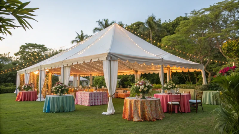 Large outdoor party tent in a garden setting