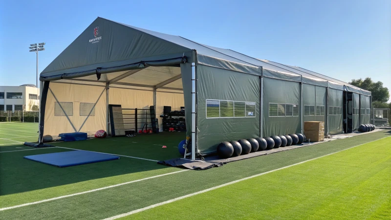 A spacious gym tent on a green sports field