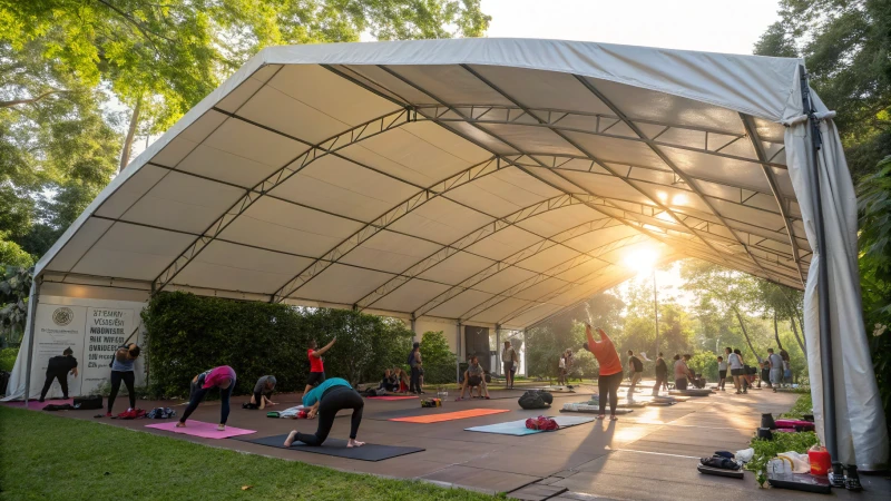 A large gym tent with fitness activities inside