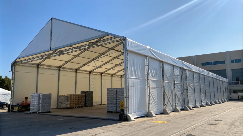 A large storage tent in an industrial setting under a clear blue sky.