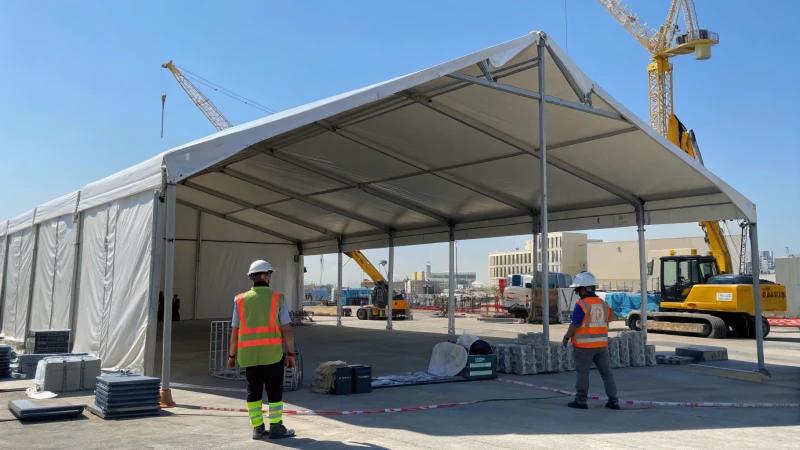 Construction site with a large industrial tent and workers