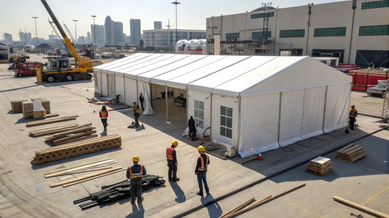 Large industrial tent at a construction site with workers and machinery