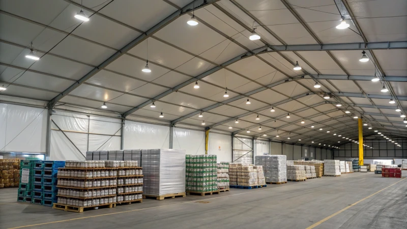 Interior of a large industrial tent in a logistics facility with pallets of goods