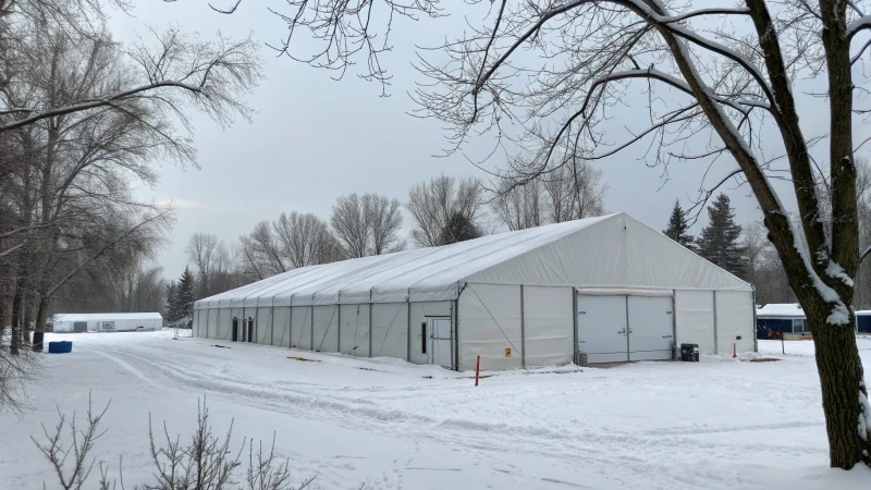 A large industrial tent in a snowy landscape