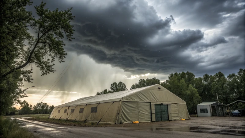 A large industrial tent in a stormy setting