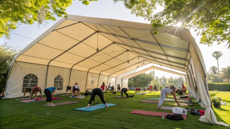 A large gym tent set up outdoors with people participating in fitness activities