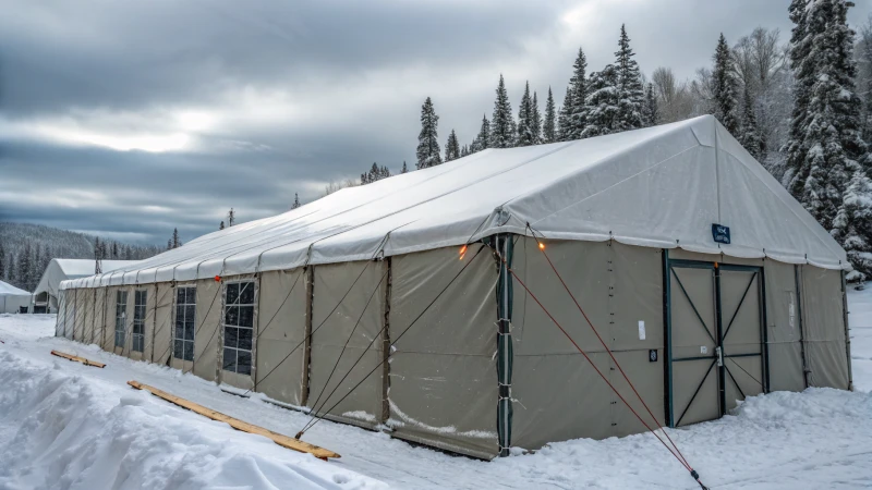 Large industrial tent in a snowy landscape