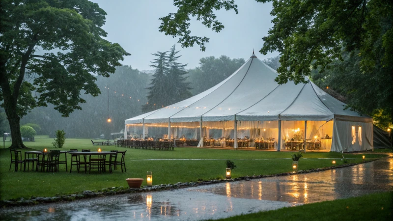 A large marquee tent in a green park with rain falling on it