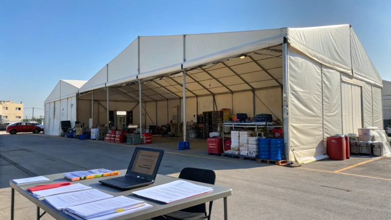 A large warehouse tent set up outdoors filled with equipment and documents.