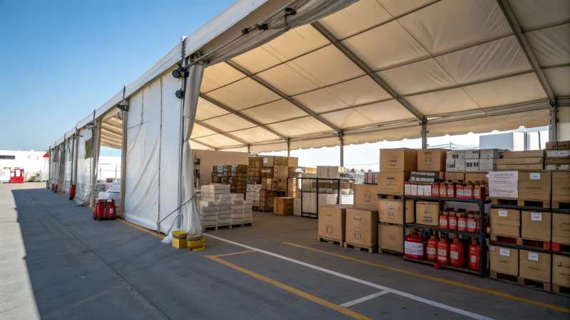 A large warehouse tent with organized storage boxes and visible fire safety equipment.