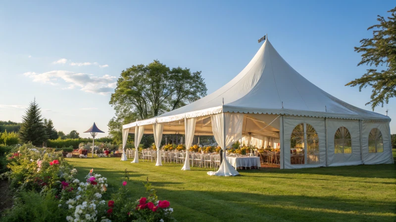 A large white event tent in a green field