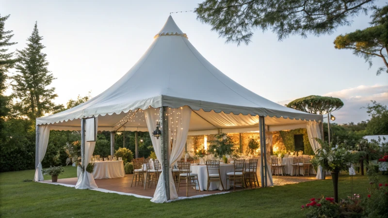 A large white event tent in a lush green outdoor setting