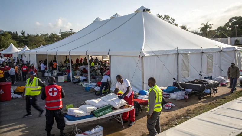 A large white marquee tent in a disaster relief zone with rescue workers assisting.