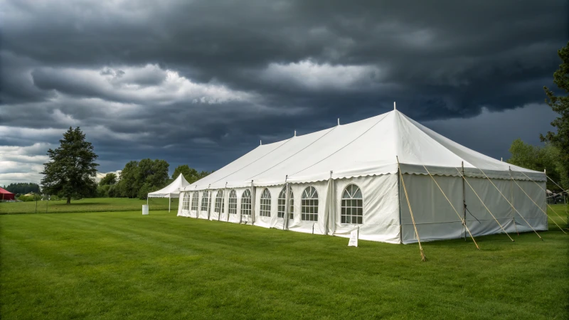 A large white marquee tent on a grassy field under dark clouds