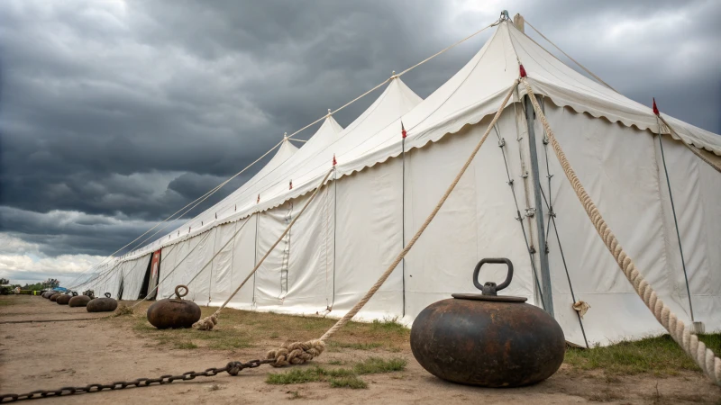 A large white marquee tent anchored against strong winds with cast iron weights and ropes.