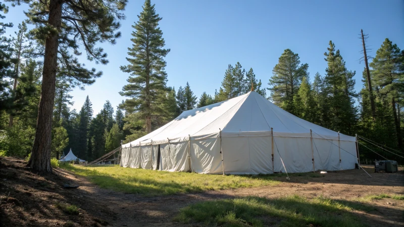A large white tent in a rugged outdoor setting