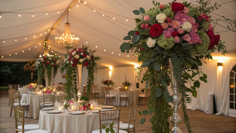 Elegant tent event setting with floral centerpieces