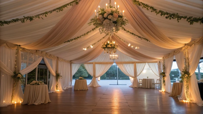 Elegant interior of a luxurious tent for an event, adorned with drapes and floral arrangements.