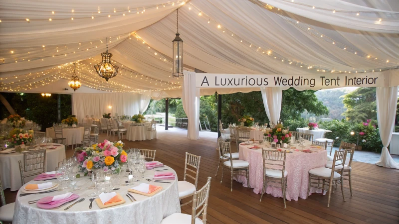 A beautifully decorated wedding tent with pastel fabric drapes and fairy lights