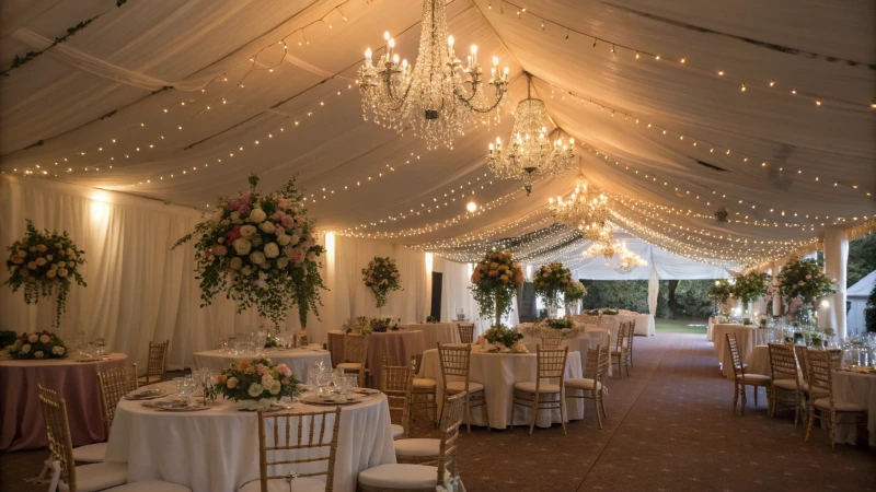 Elegant wedding tent interior with fairy lights and floral arrangements