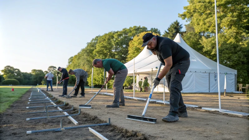 Workers preparing a site for marquee tent installation