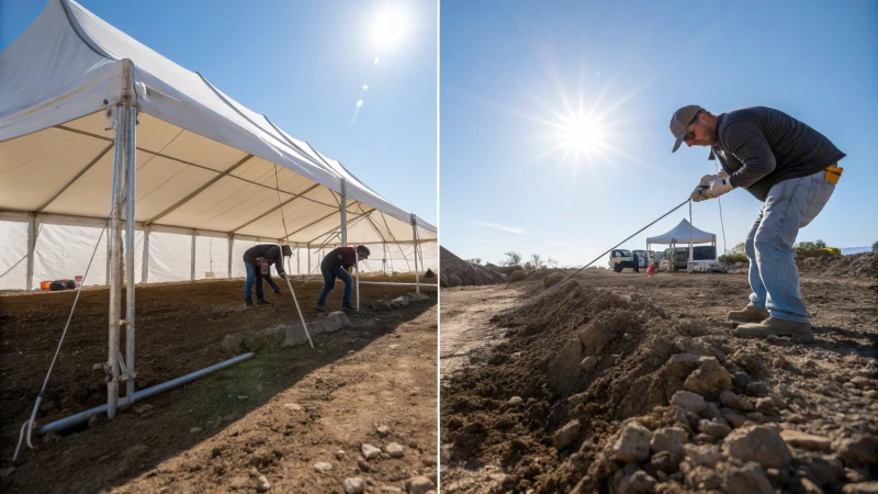 Workers anchoring a marquee tent on different soil conditions