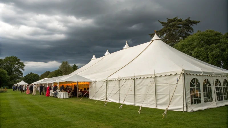 A large marquee tent set up for an outdoor event with guests in the background.