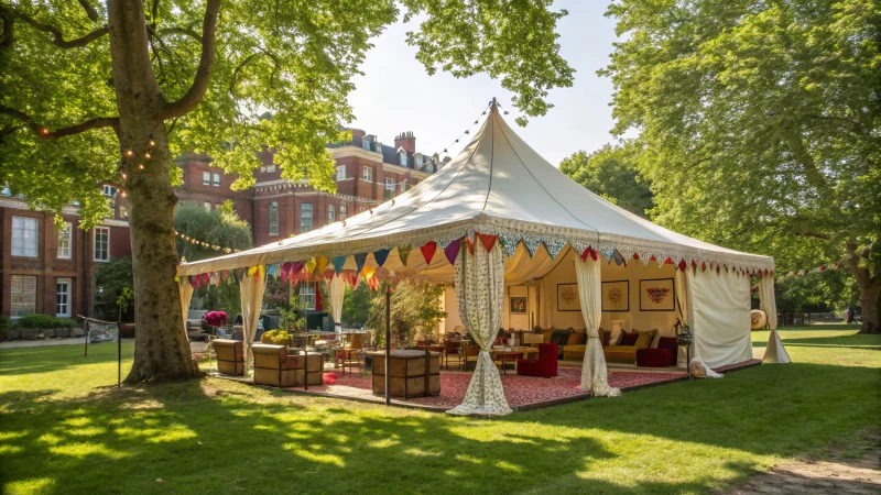 An elegant marquee tent in a park during sunny weather