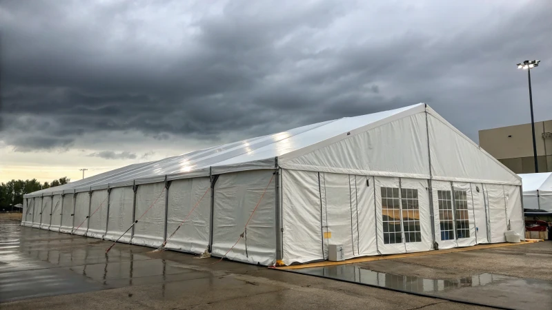 A marquee tent showcasing waterproof features under cloudy skies.