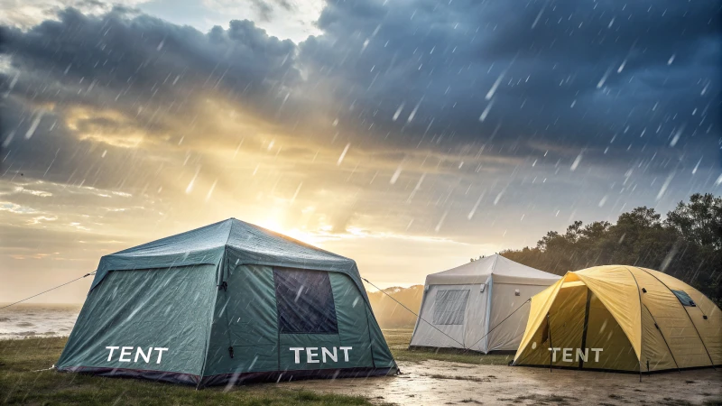 A scene showcasing three marquee tents under different weather conditions.