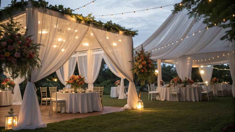 A beautifully decorated wedding marquee tent with fairy lights and floral arrangements.