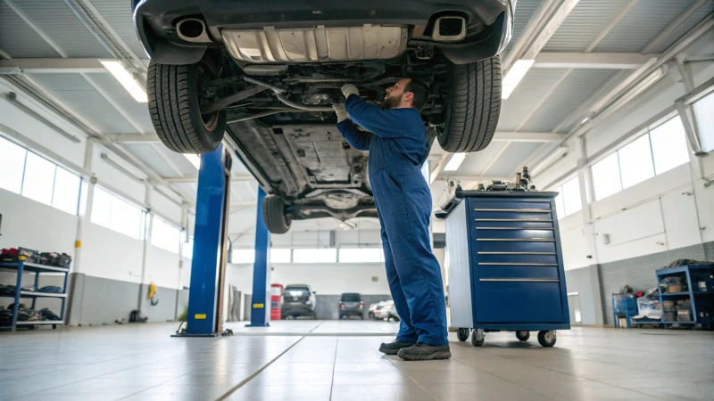 A mechanic in a blue uniform working under a car on a lift in a garage.