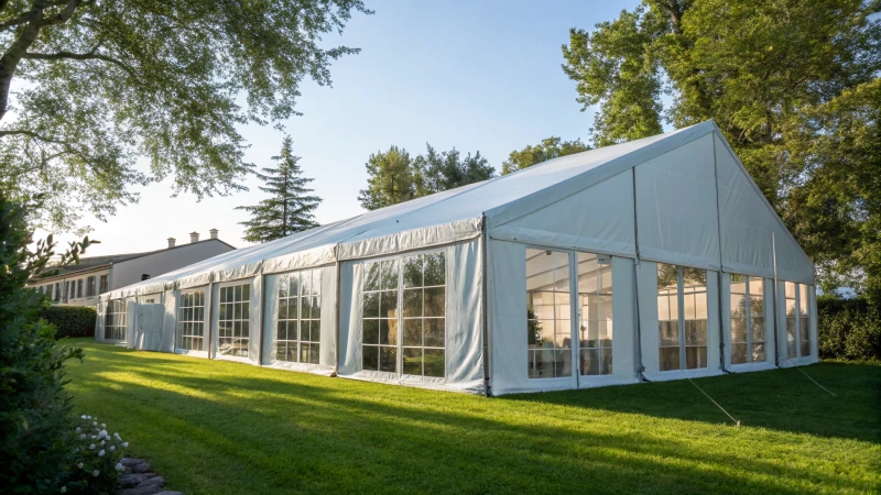 A modern marquee tent in a lush green setting