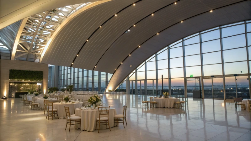 Interior of a modern event venue with curved roof and large windows