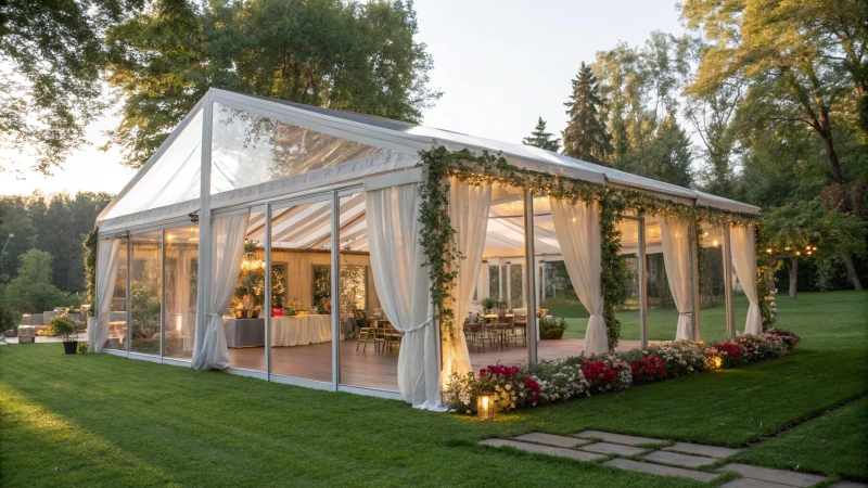 A modern marquee tent in a lush outdoor setting