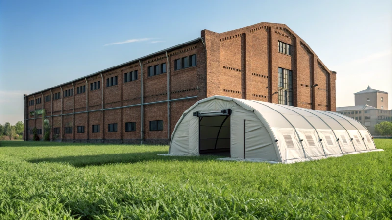 A modern storage tent in a green field with a brick warehouse behind