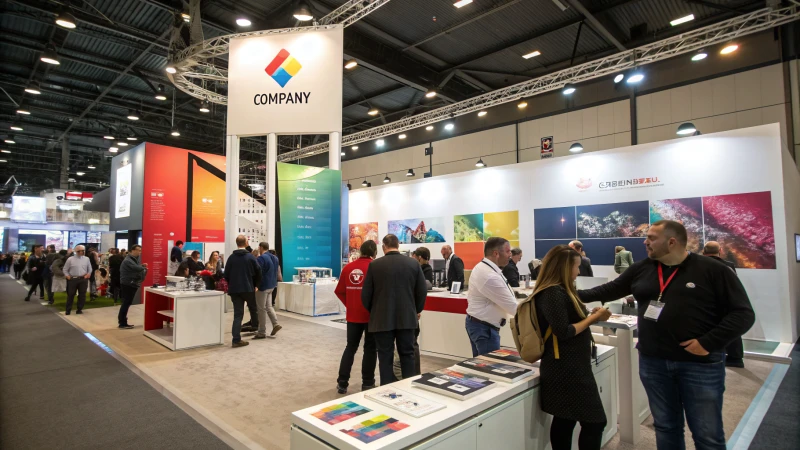 A bustling trade show booth with visitors interacting with displays