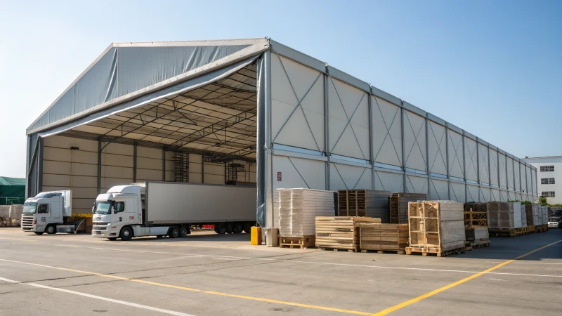 A large modern warehouse tent in a logistics yard surrounded by delivery trucks and pallets.