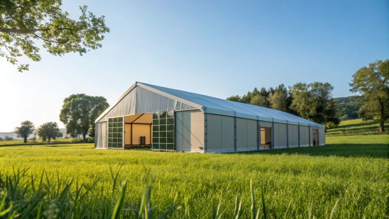 A large eco-friendly tent in a green field under a blue sky.