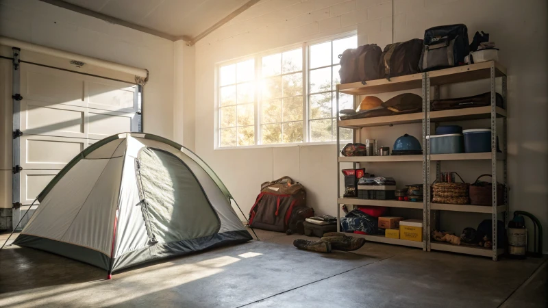 A clean garage with a folded camping tent and organized shelves