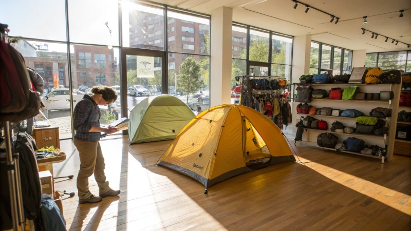 A person examining a camping tent in a well-lit outdoor equipment store.