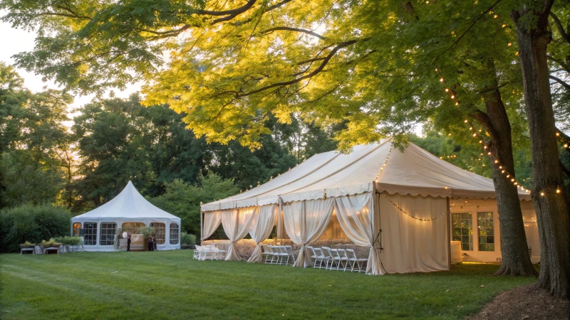 An outdoor marquee event with elegant decorations