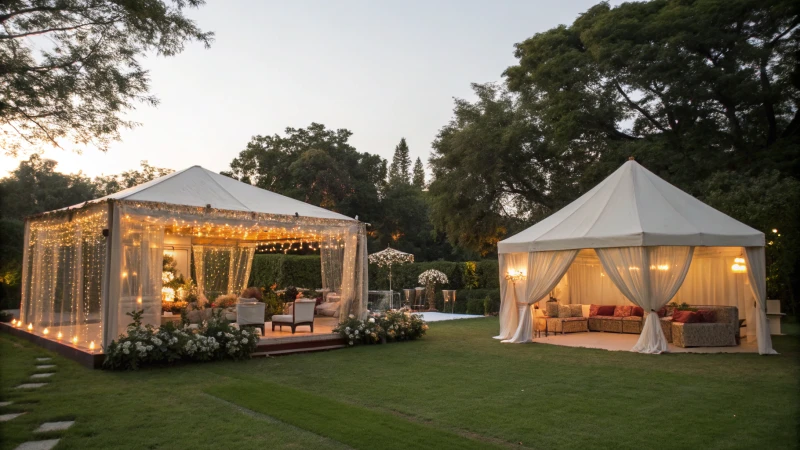 An outdoor event scene featuring a luxurious marquee and a simple tent setup.