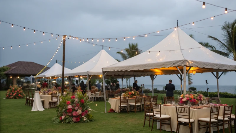 Elegant outdoor event setup with decorated tables and chairs under tents