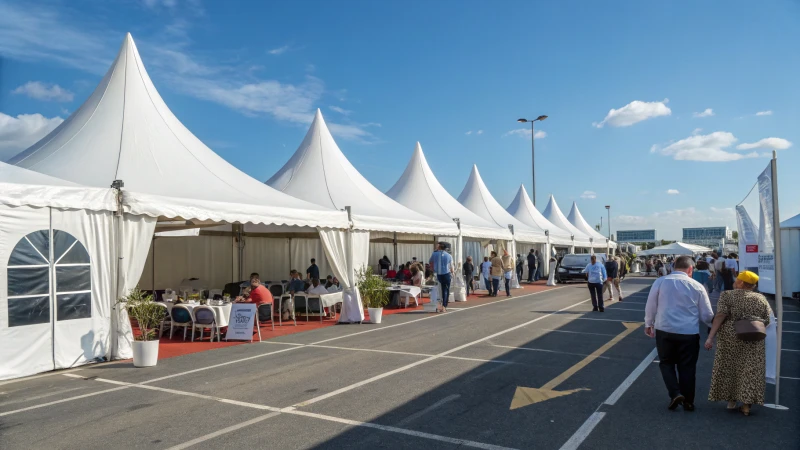 A bustling outdoor event with white exhibition tents and attendees
